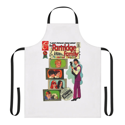 Retro-inspired 1970s-style apron with a music and band theme