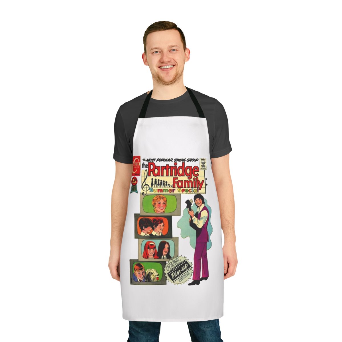 Retro-inspired 1970s-style apron with a music and band theme