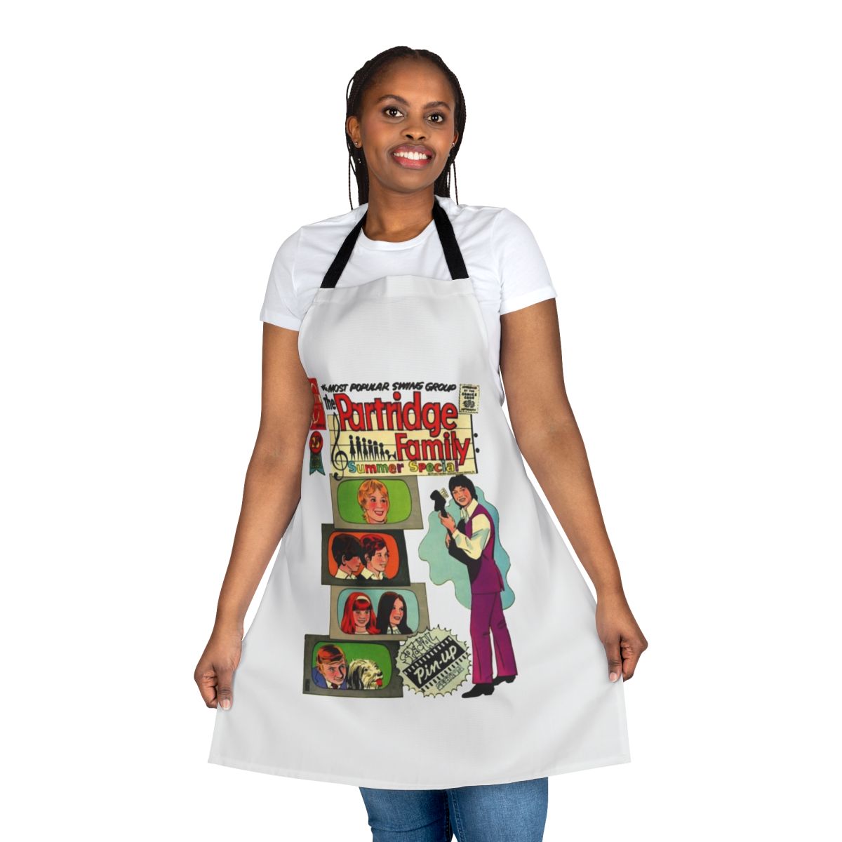 Retro-inspired 1970s-style apron with a music and band theme