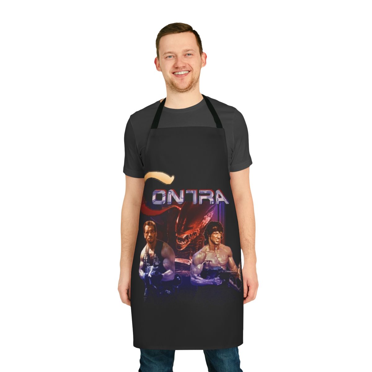 Apron featuring a retro-inspired 8-bit pixel art design with contra-style alien and gun elements.