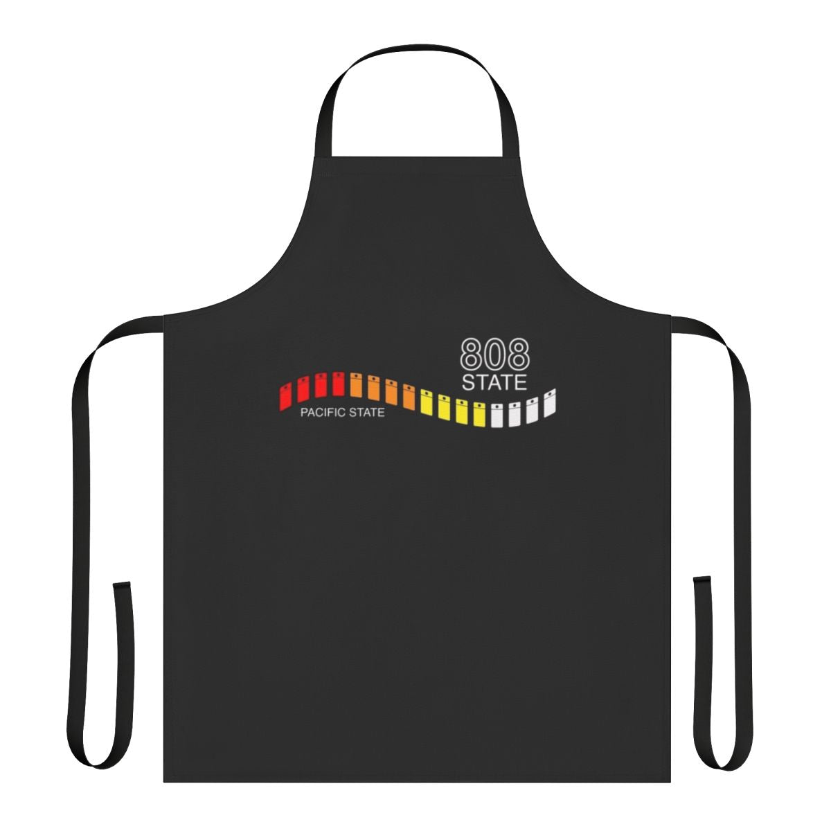 Retro-inspired 808 State apron featuring a Roland TR-808 drum machine design in red, orange, and yellow shades