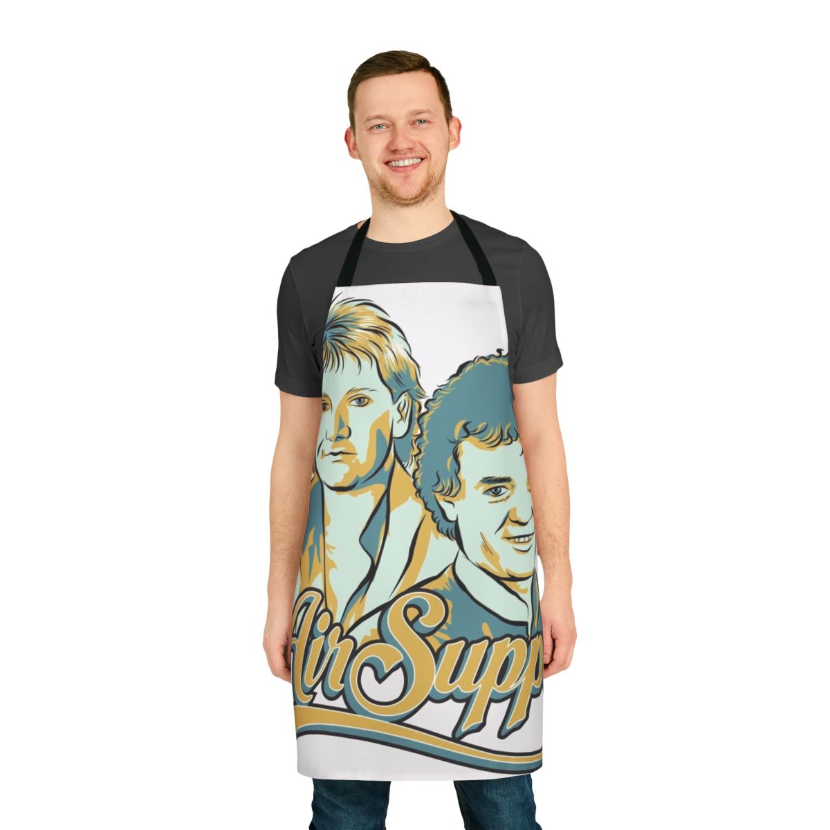 Stylized vector portrait of the band Air Supply on a black and white retro-style apron