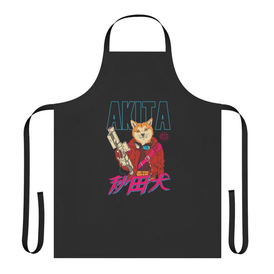 Stylish apron featuring a vibrant, retro-inspired Akita dog design with a chill wave, synthwave aesthetic