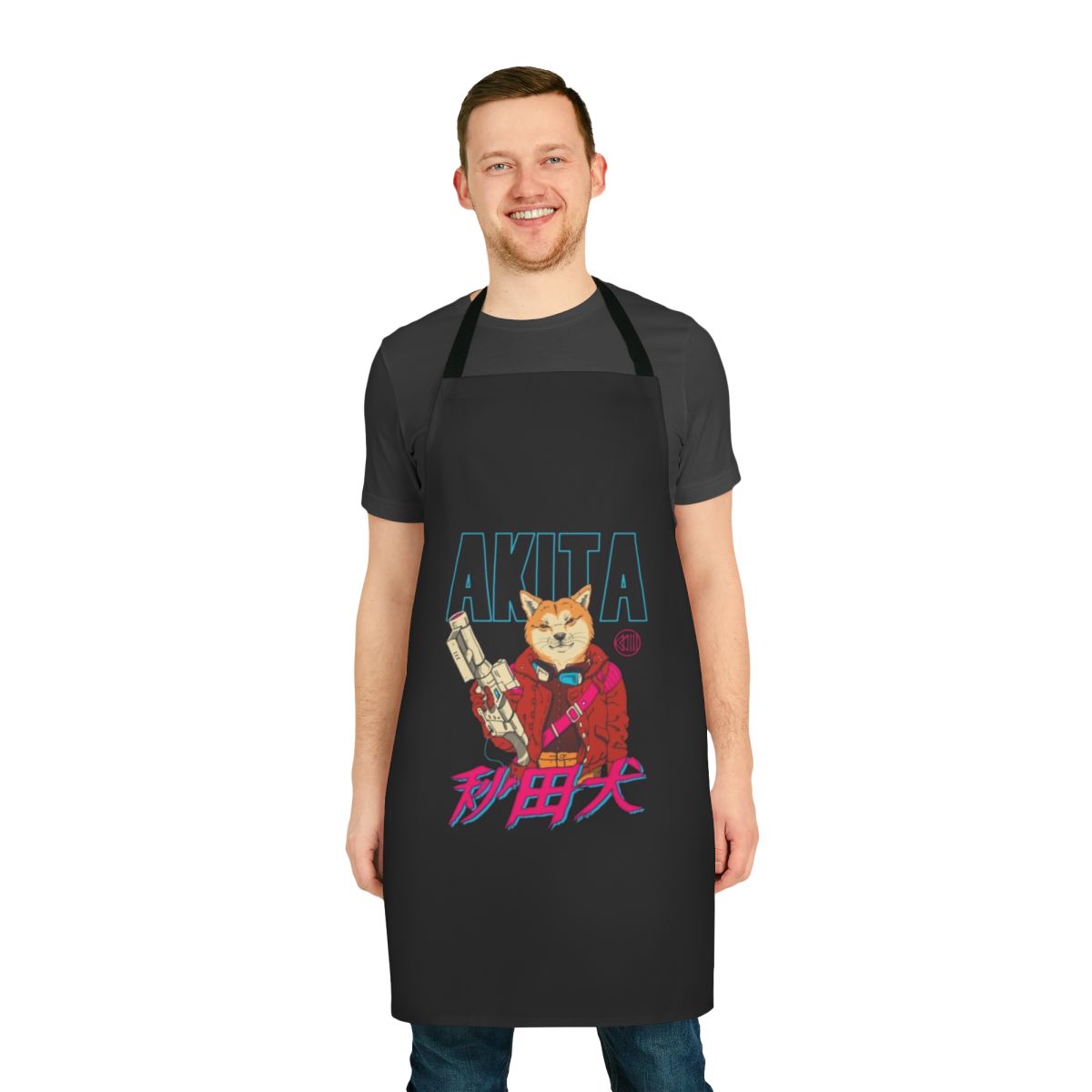 Stylish apron featuring a vibrant, retro-inspired Akita dog design with a chill wave, synthwave aesthetic