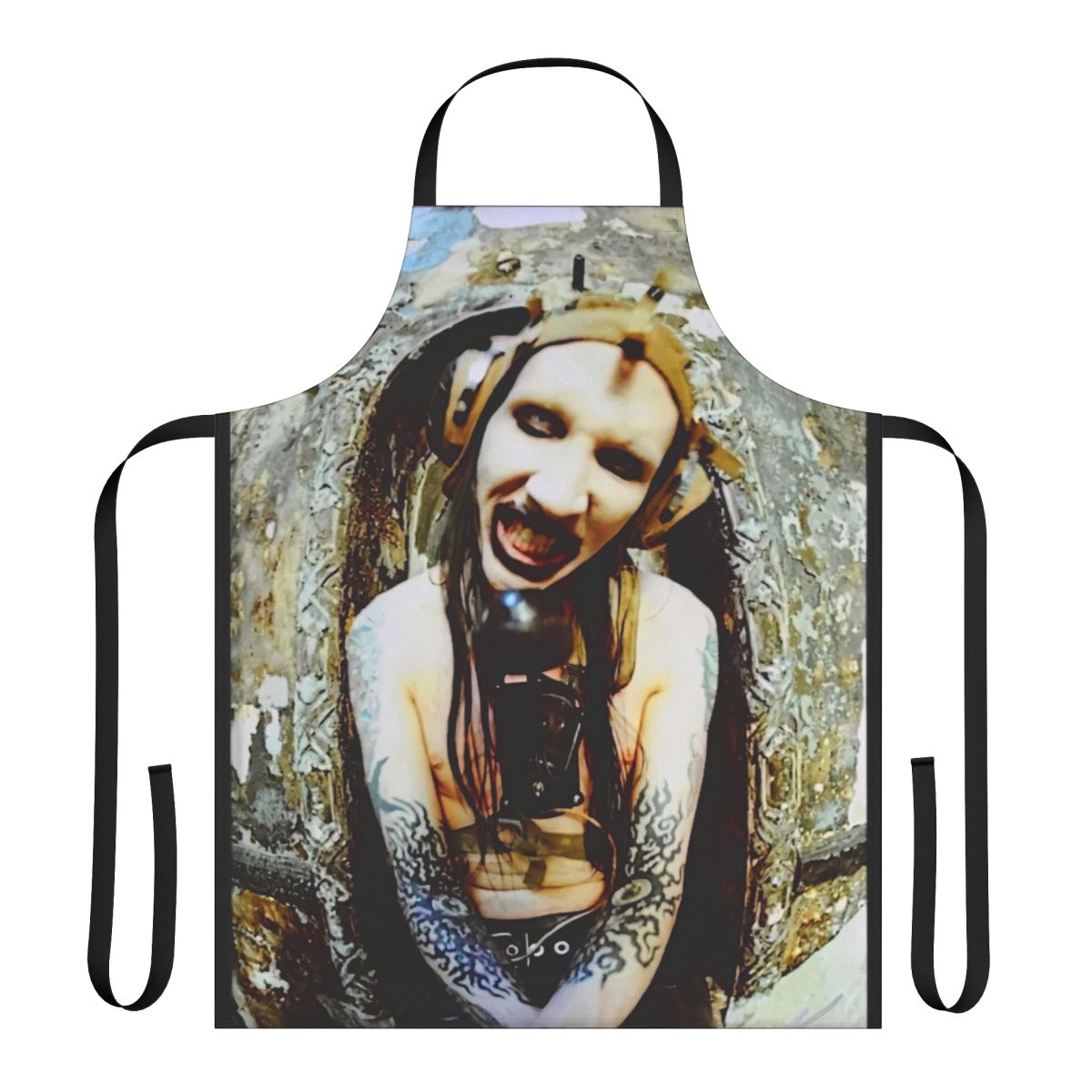 Retro-inspired apron with Marilyn Monroe and Charles Manson music album graphics