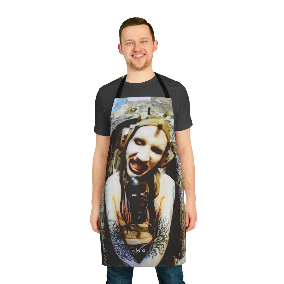 Retro-inspired apron with Marilyn Monroe and Charles Manson music album graphics