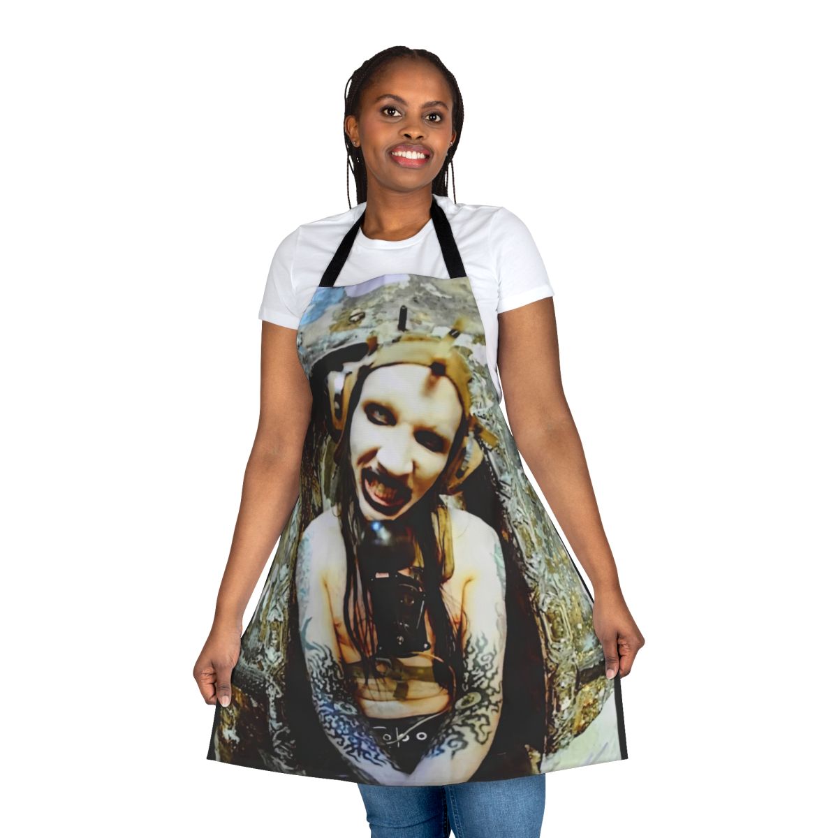 Retro-inspired apron with Marilyn Monroe and Charles Manson music album graphics