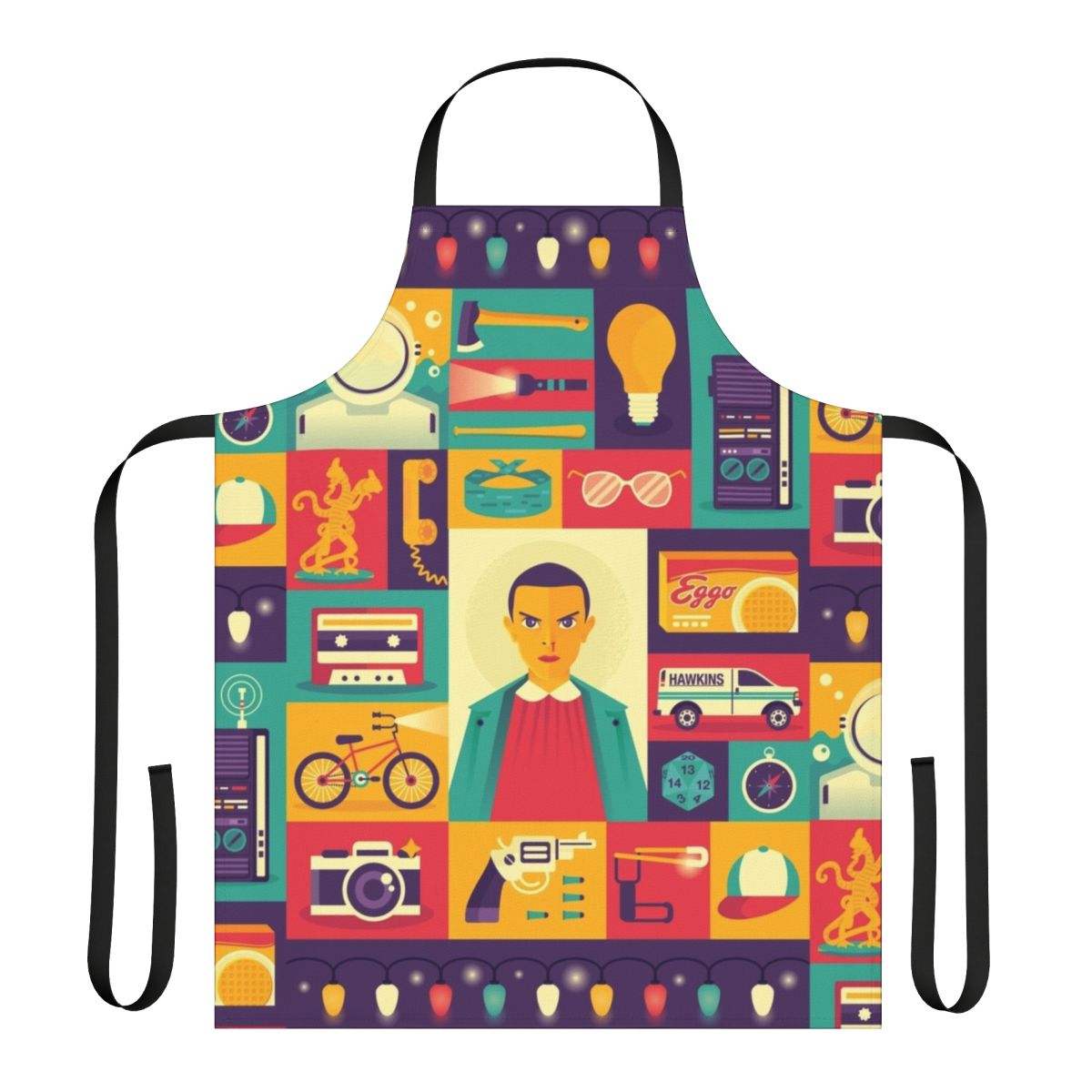 Retro-style apron featuring Stranger Things Eleven icons