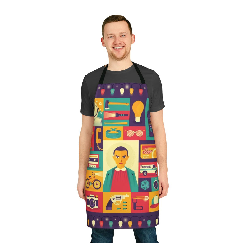 Retro-style apron featuring Stranger Things Eleven icons