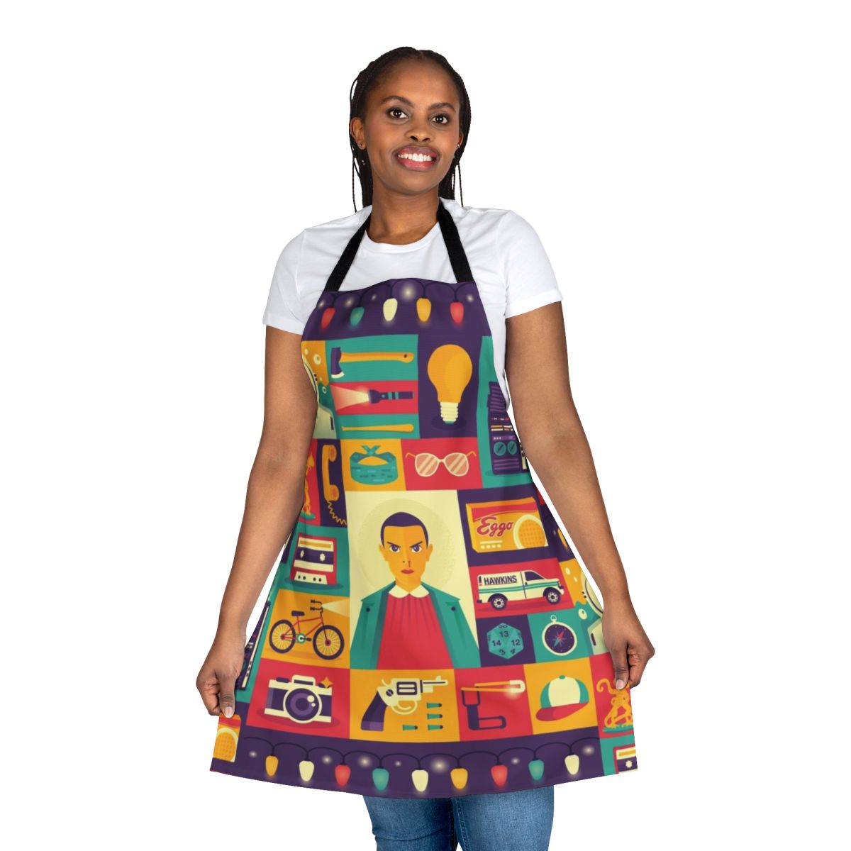 Retro-style apron featuring Stranger Things Eleven icons