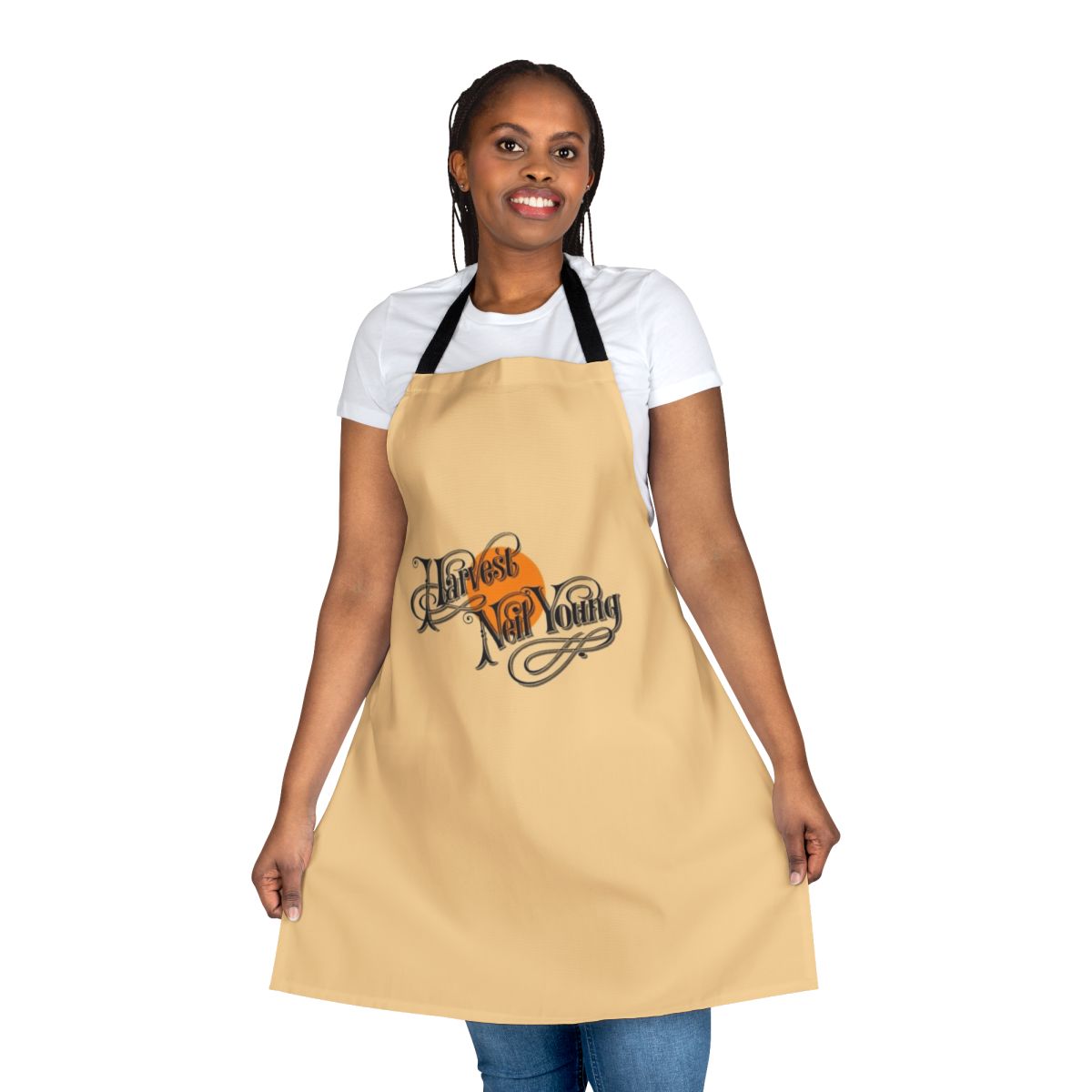 Retro-inspired apron with a classic typography design featuring vintage elements and space-themed motifs.