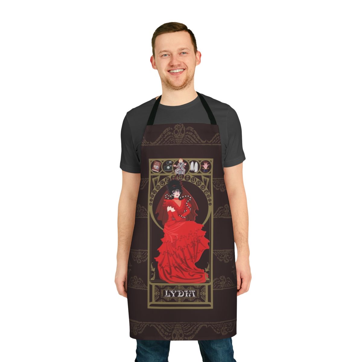 Retro-inspired Beetlejuice Lydia Deetz apron with Nouveau design