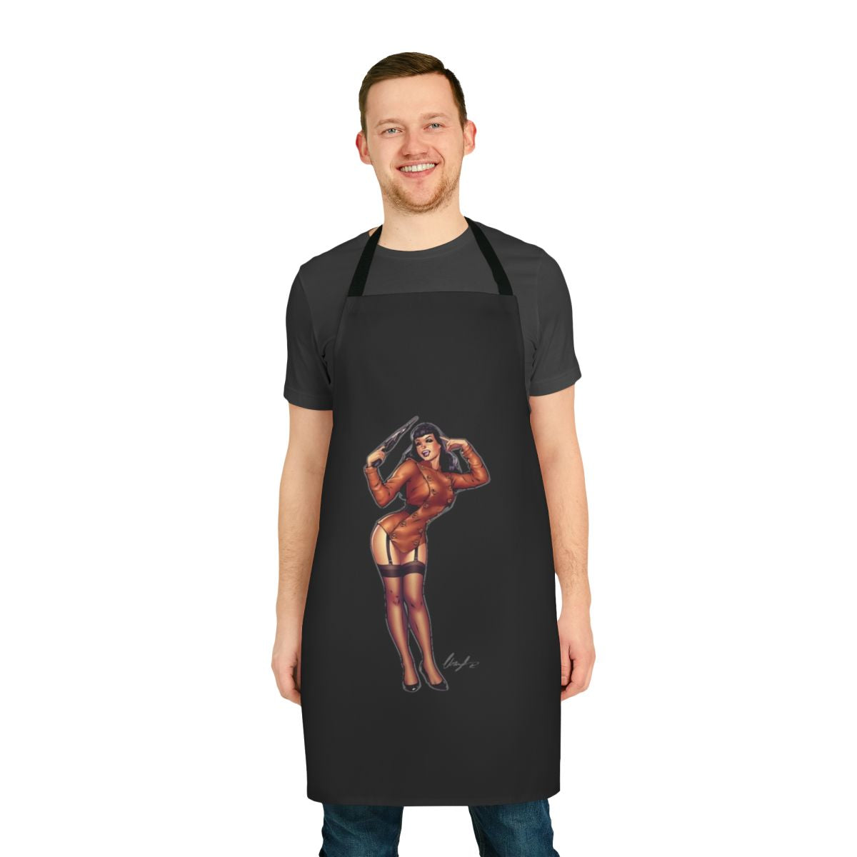 Bettie Page-inspired apron with vintage pin-up style