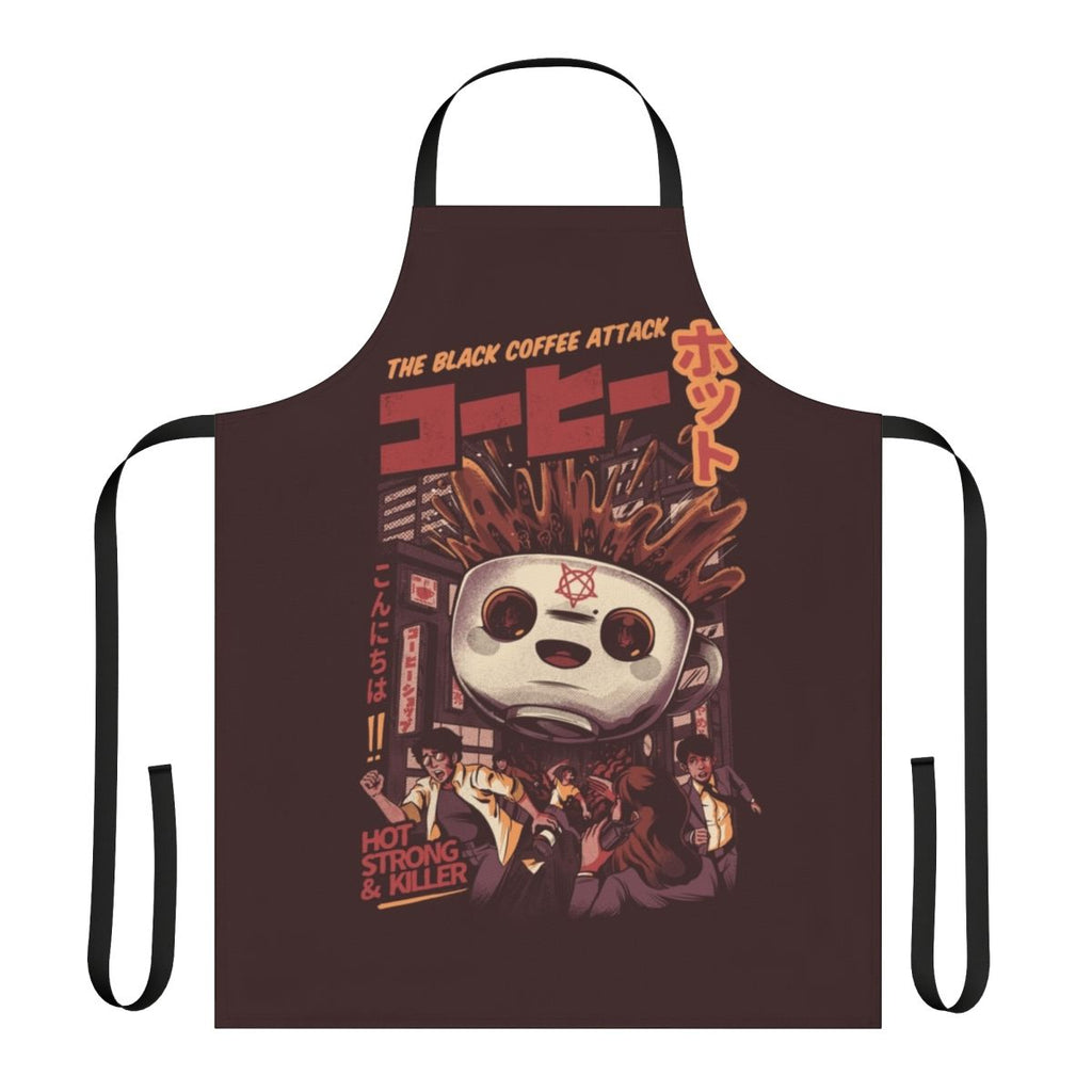 Monochrome apron featuring a whimsical, anime-inspired coffee-themed graphic