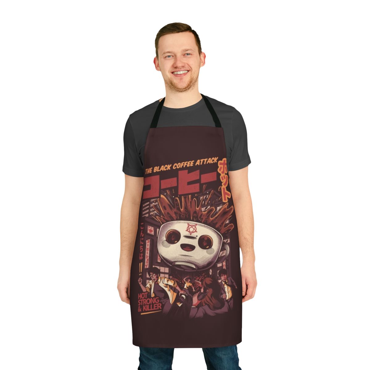 Monochrome apron featuring a whimsical, anime-inspired coffee-themed graphic