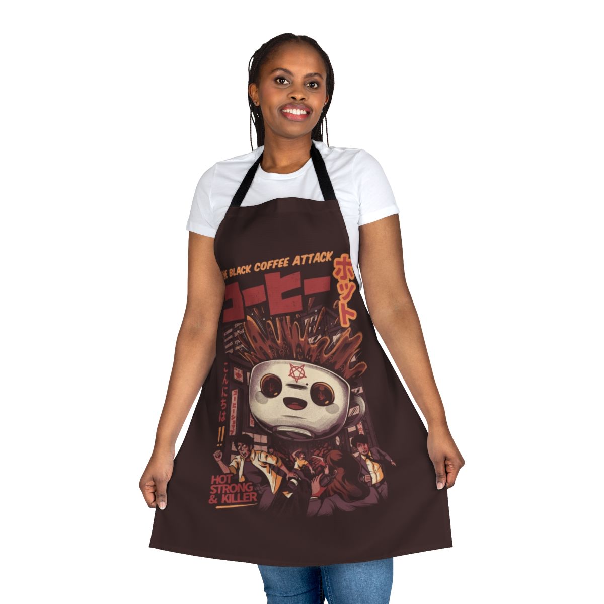 Monochrome apron featuring a whimsical, anime-inspired coffee-themed graphic