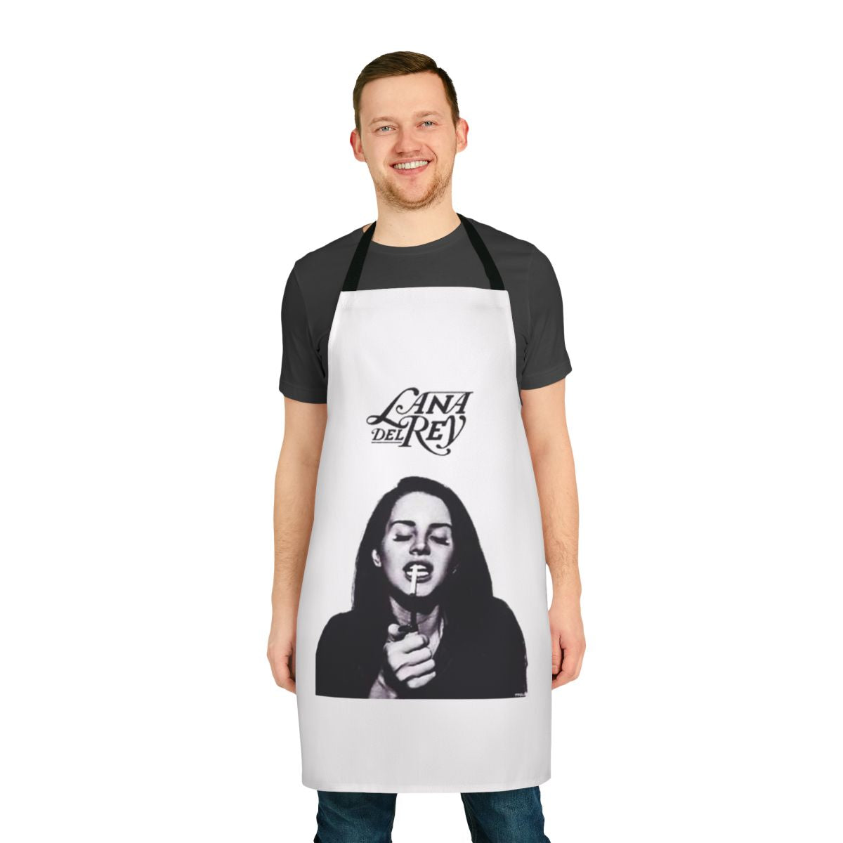 Black and white apron with a smoke design, perfect for cooking or music fans