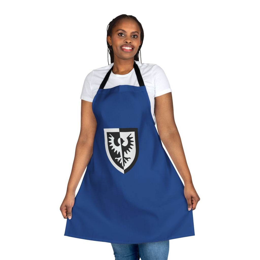 A black and yellow apron with a graphic inspired by the classic Lego Black Falcon minifigure.