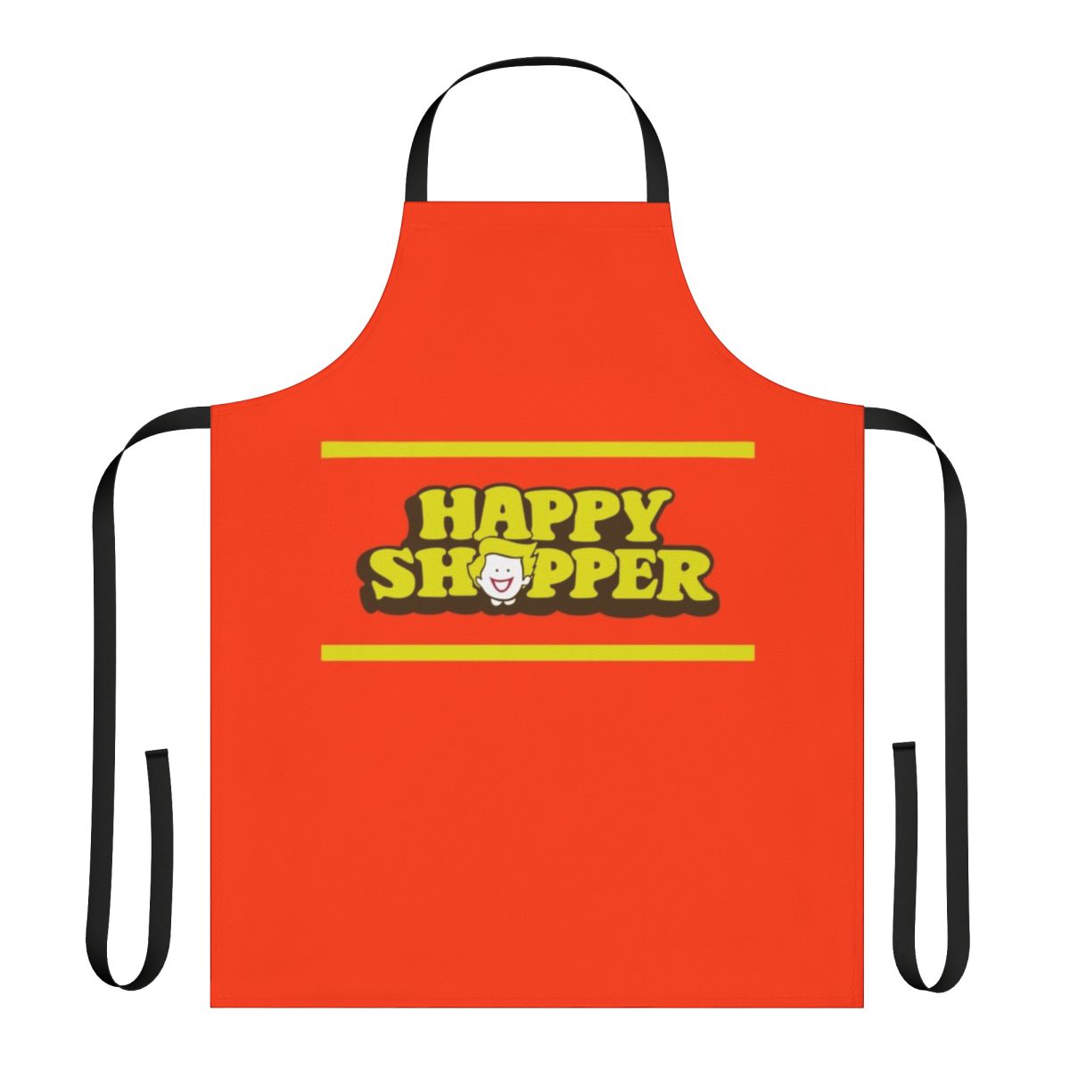 Retro-styled orange apron with bold typography for budget-conscious shoppers