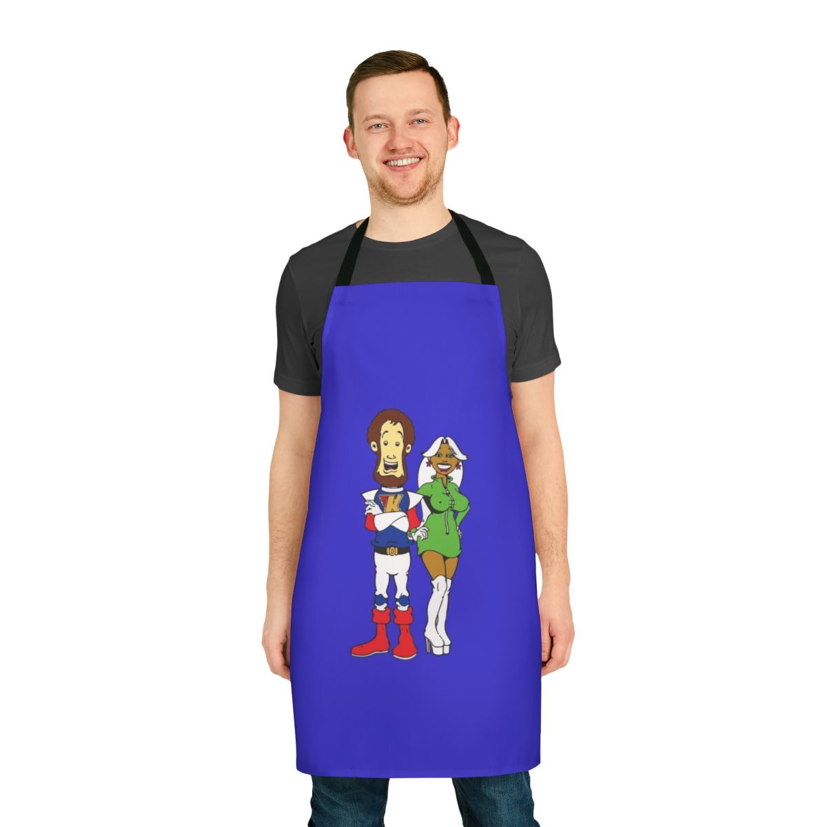 Retro inspired apron featuring the iconic cartoon character Captain Kremmen from the Kenny Everett television show.