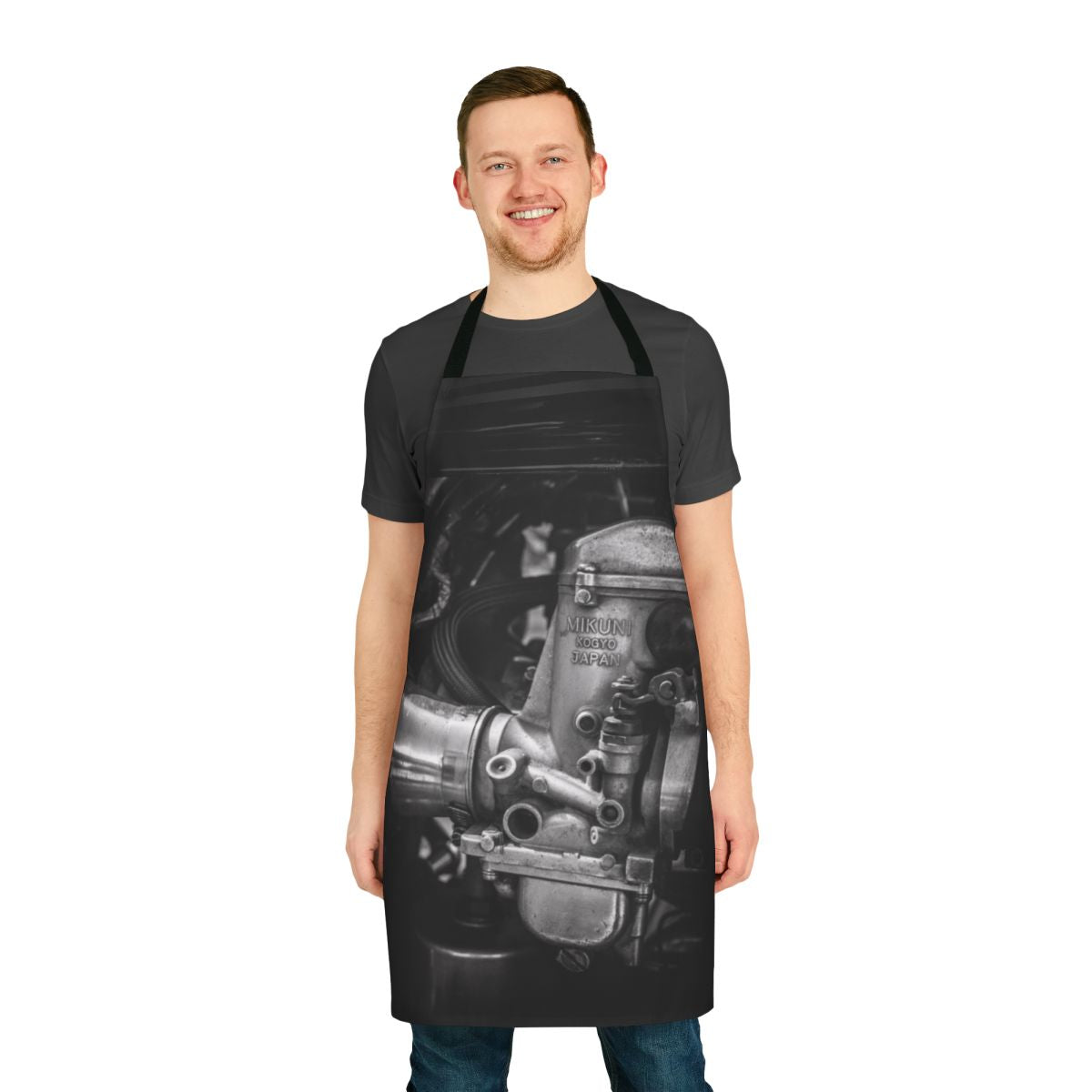 Apron featuring a vintage-inspired "Carbs Are Good" design for classic motorcycle fans
