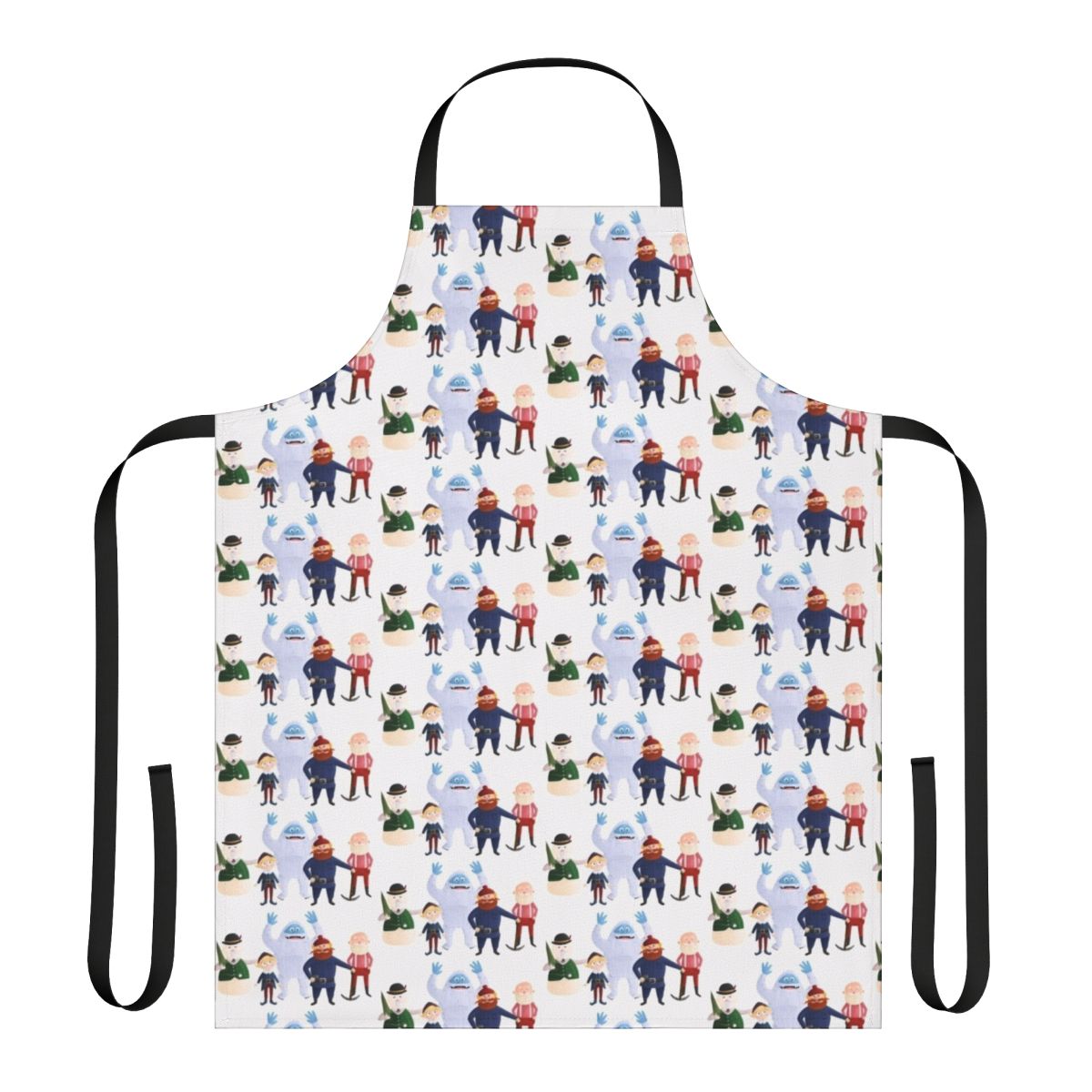A classic Christmas apron featuring Rudolph, Yukon Cornelius, Hermey, and other beloved holiday characters.