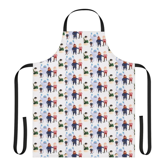 A classic Christmas apron featuring Rudolph, Yukon Cornelius, Hermey, and other beloved holiday characters.