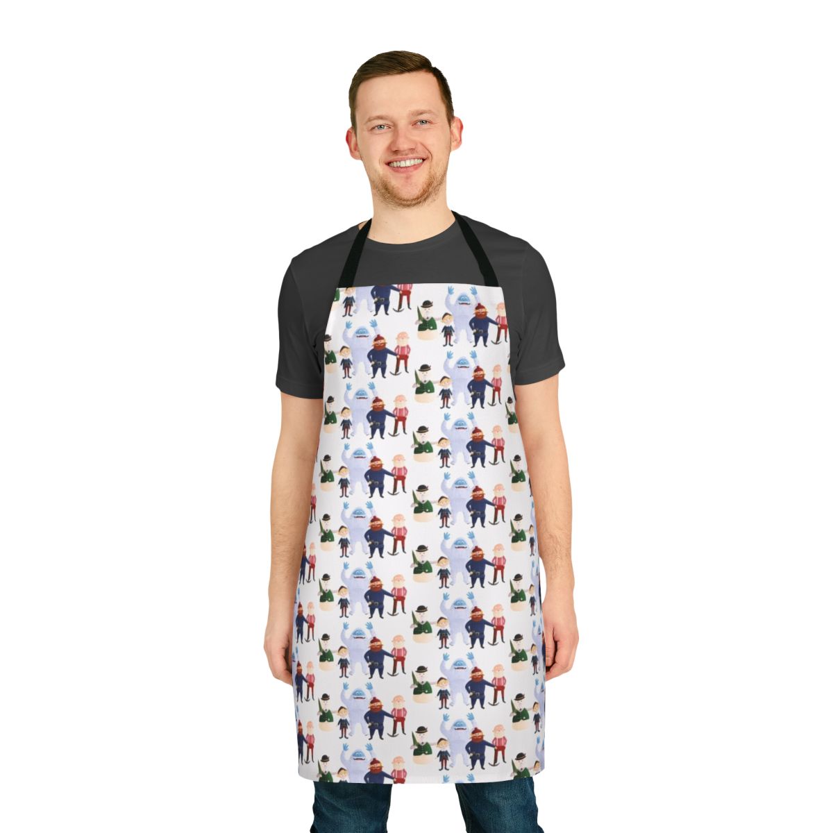 A classic Christmas apron featuring Rudolph, Yukon Cornelius, Hermey, and other beloved holiday characters.
