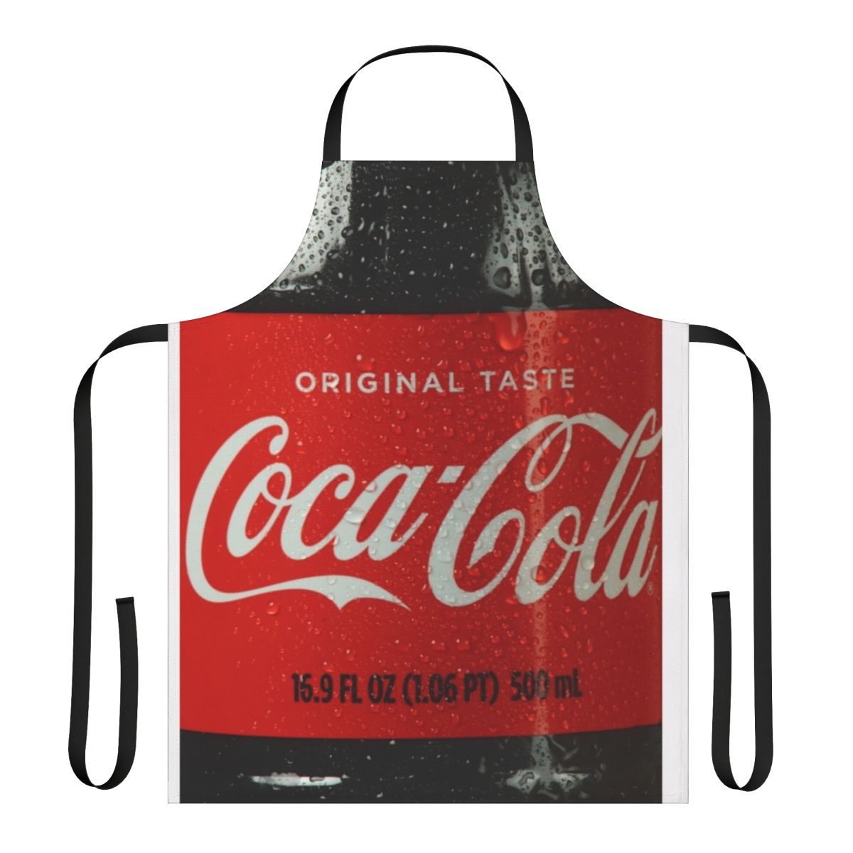 A vibrant red and white apron featuring a classic cola bottle design, perfect for the kitchen.
