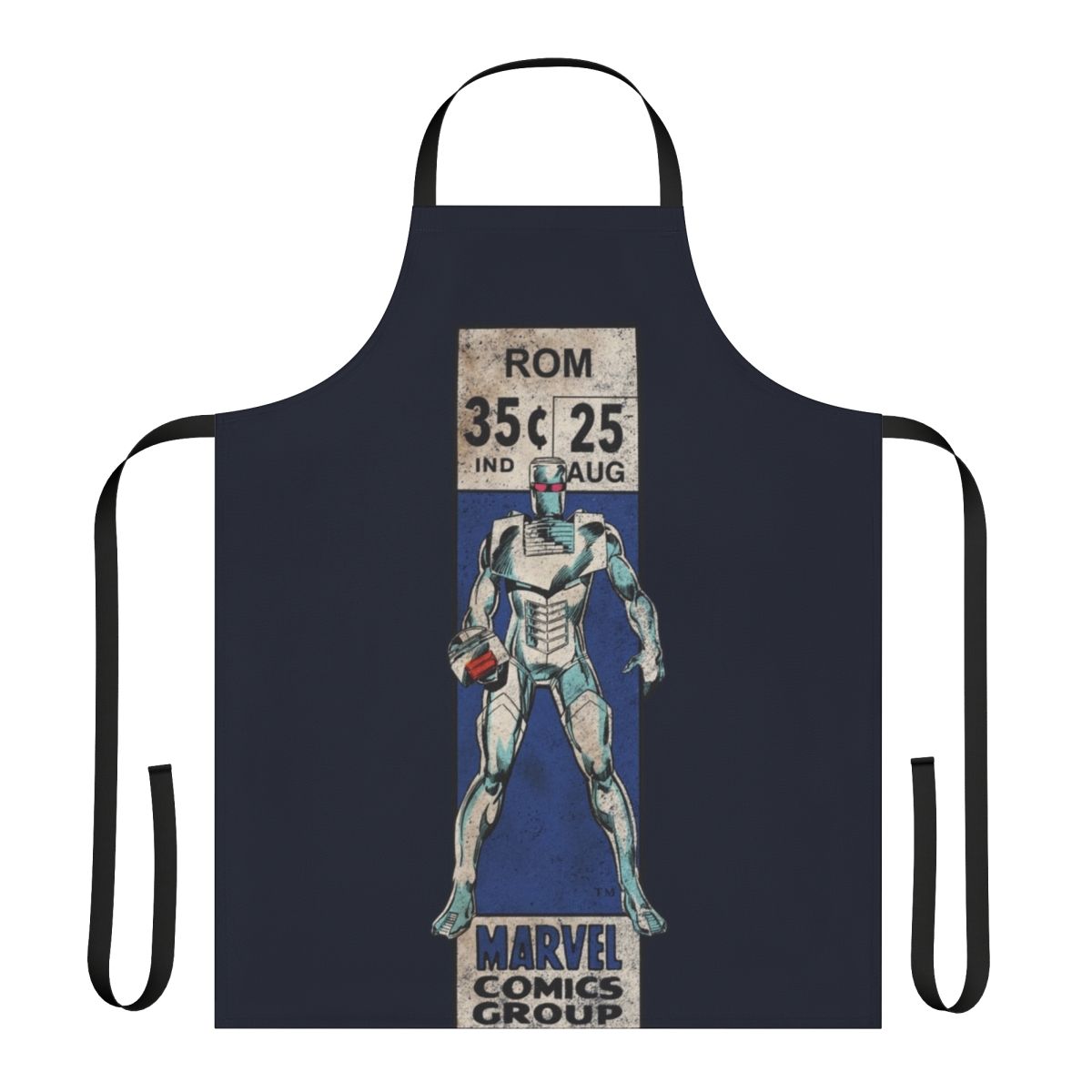 Retro-inspired comic book apron with a pop art design featuring a spaceknight figure