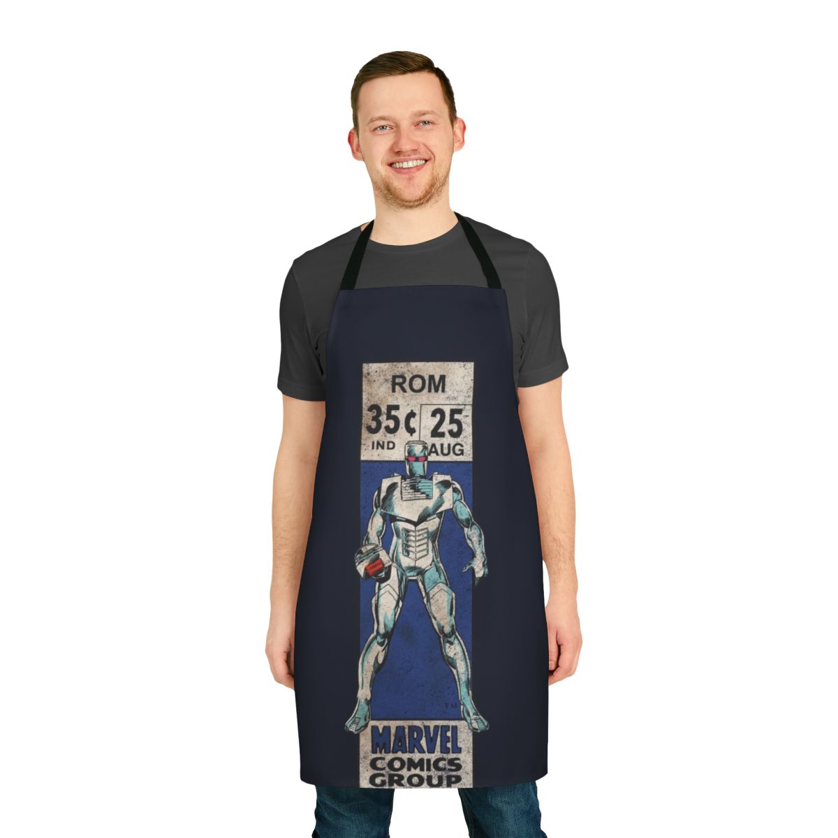 Retro-inspired comic book apron with a pop art design featuring a spaceknight figure