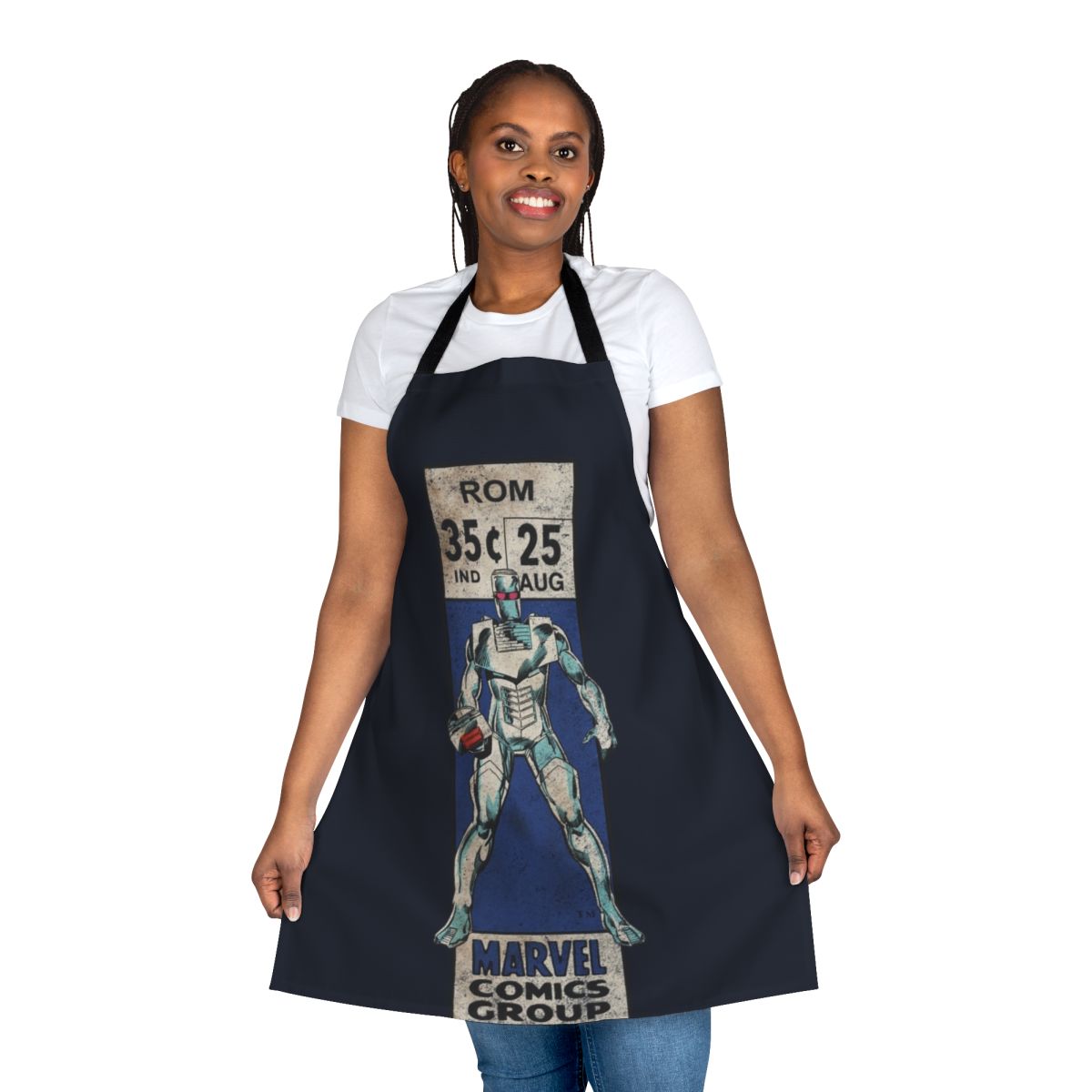 Retro-inspired comic book apron with a pop art design featuring a spaceknight figure