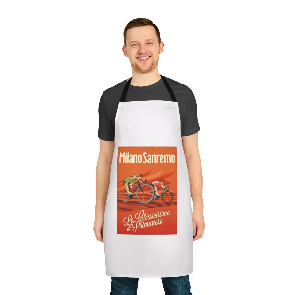 Retro-inspired cycling apron with Milan-San Remo cycling race design