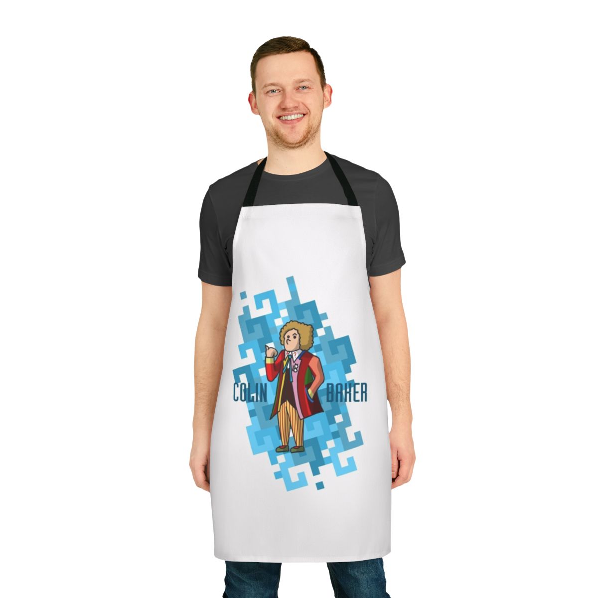 Retro-inspired Doctor Who themed apron featuring the Sixth Doctor, played by Colin Baker