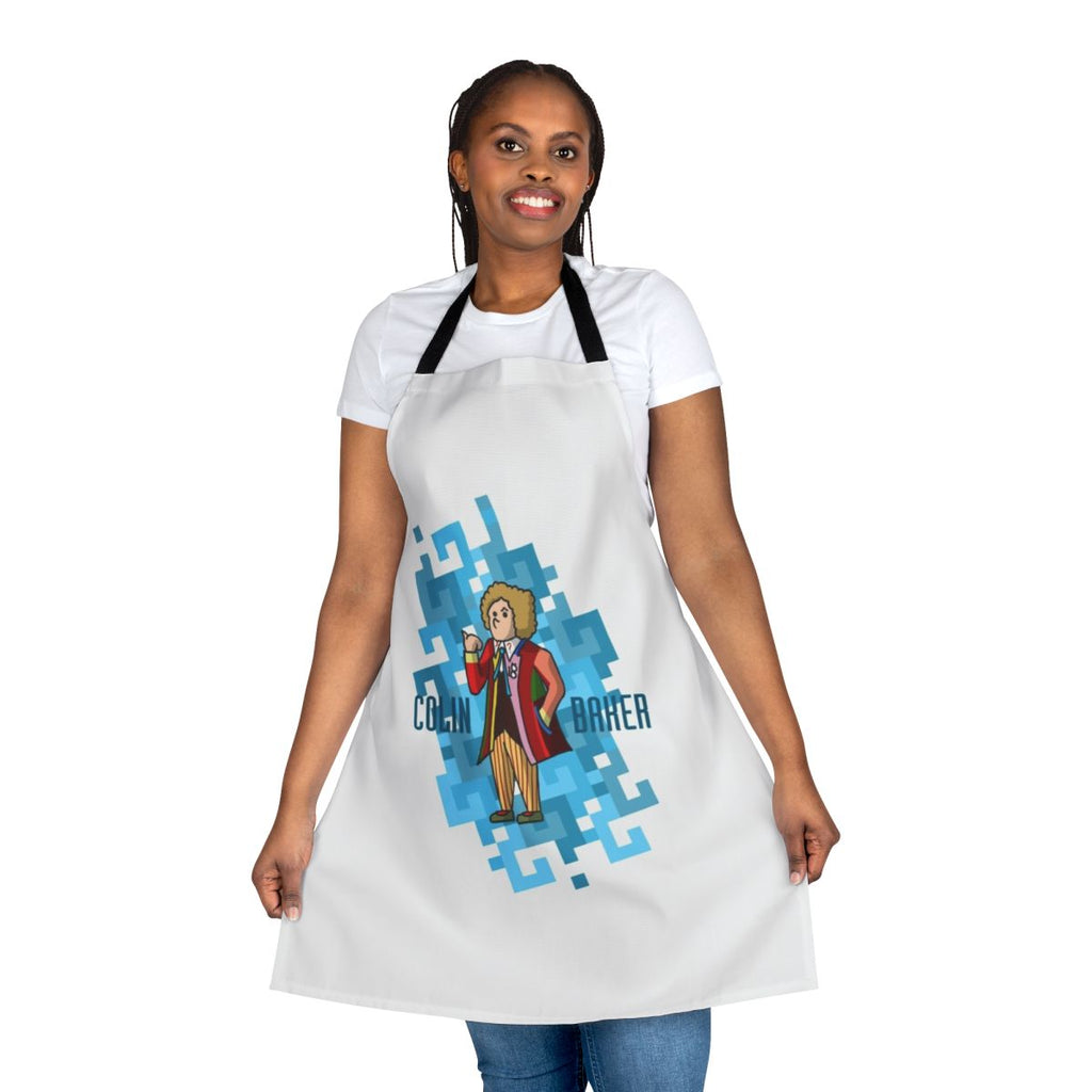 Retro-inspired Doctor Who themed apron featuring the Sixth Doctor, played by Colin Baker