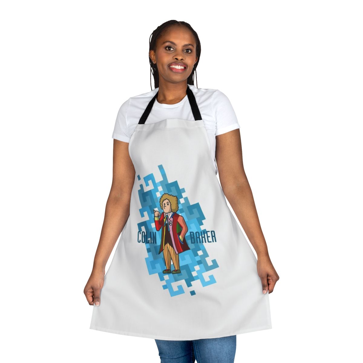 Retro-inspired Doctor Who themed apron featuring the Sixth Doctor, played by Colin Baker