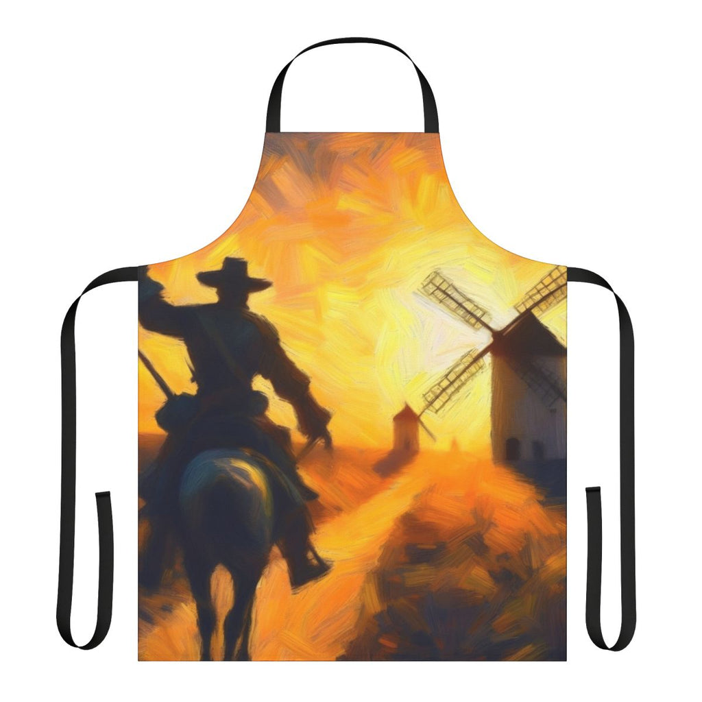 Retro-style apron featuring an illustration of Don Quixote attacking windmills from the classic Spanish novel.