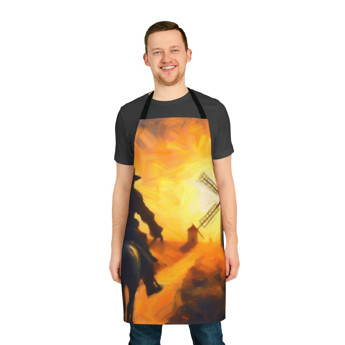 Retro-style apron featuring an illustration of Don Quixote attacking windmills from the classic Spanish novel.