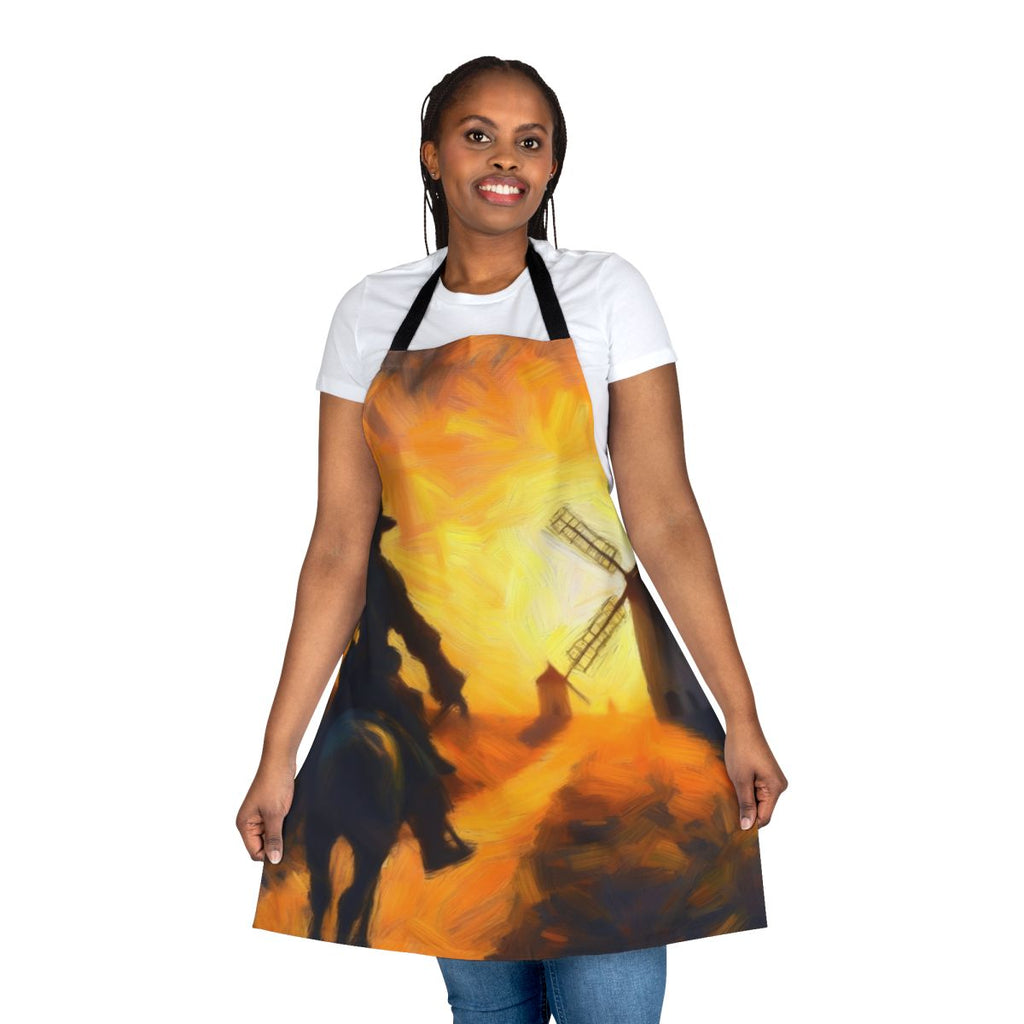 Retro-style apron featuring an illustration of Don Quixote attacking windmills from the classic Spanish novel.