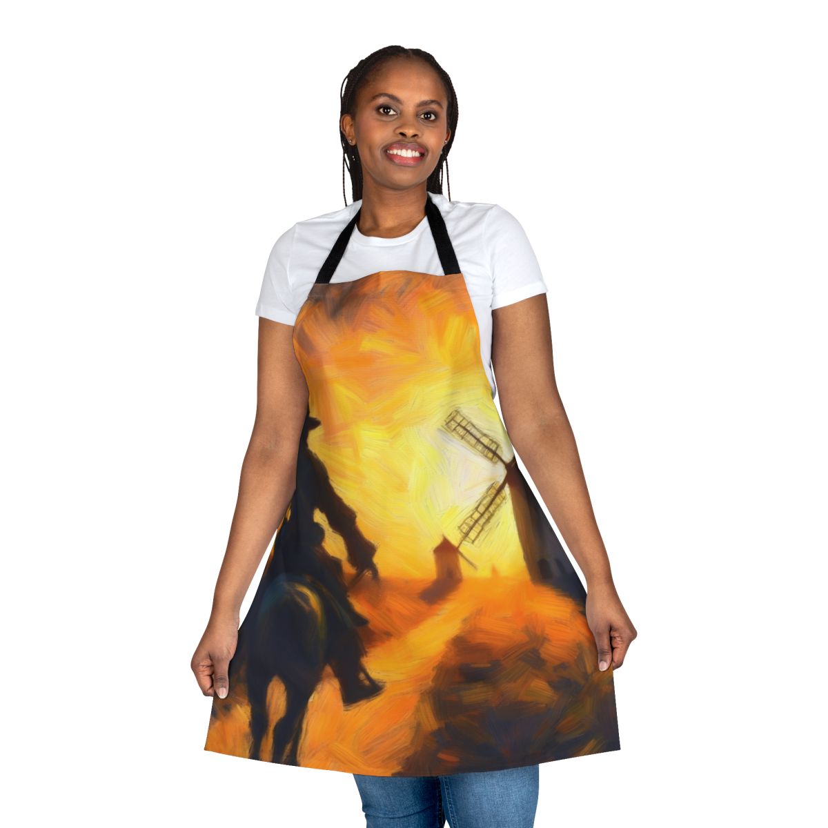 Retro-style apron featuring an illustration of Don Quixote attacking windmills from the classic Spanish novel.