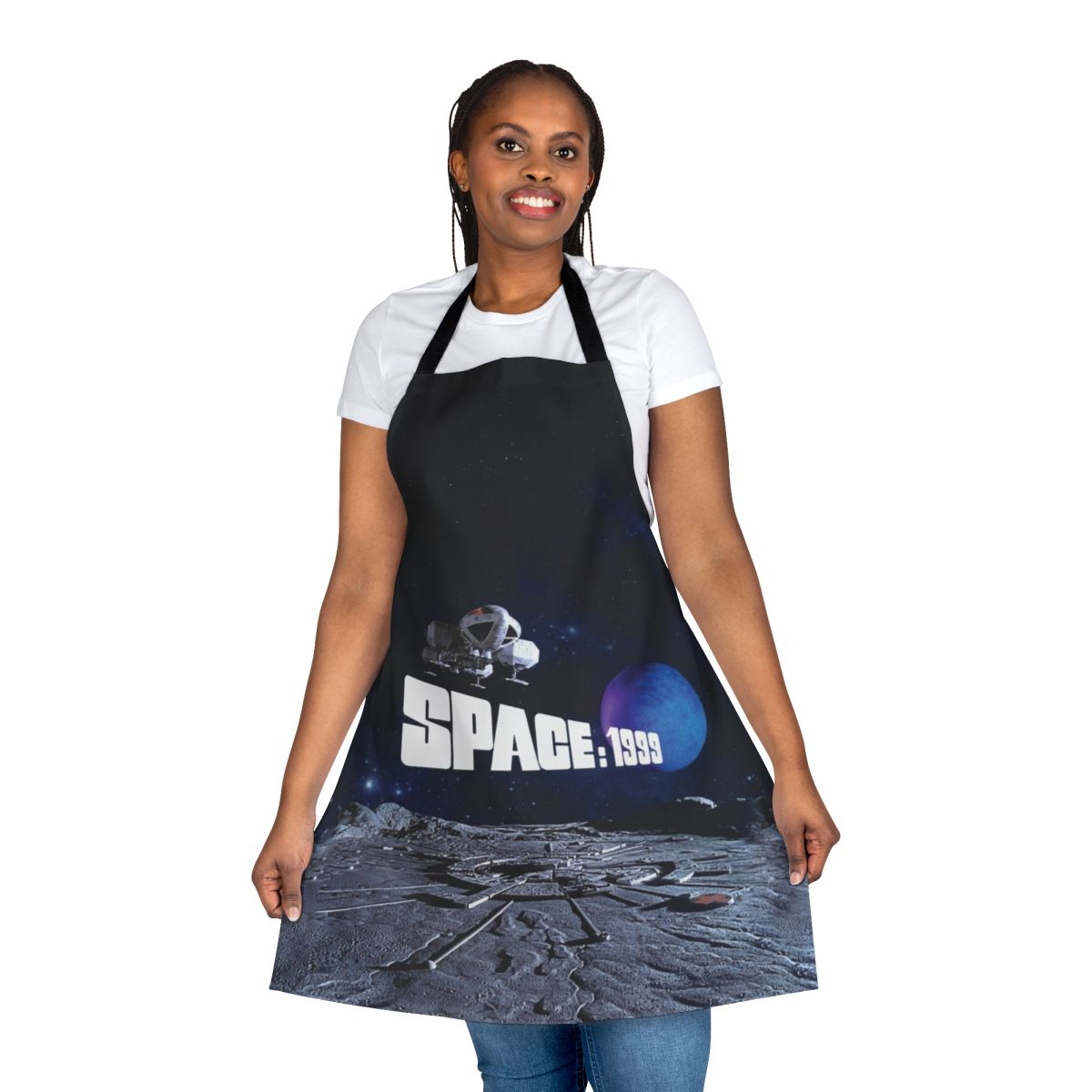 Retro-inspired apron featuring an eagle design and planet graphic