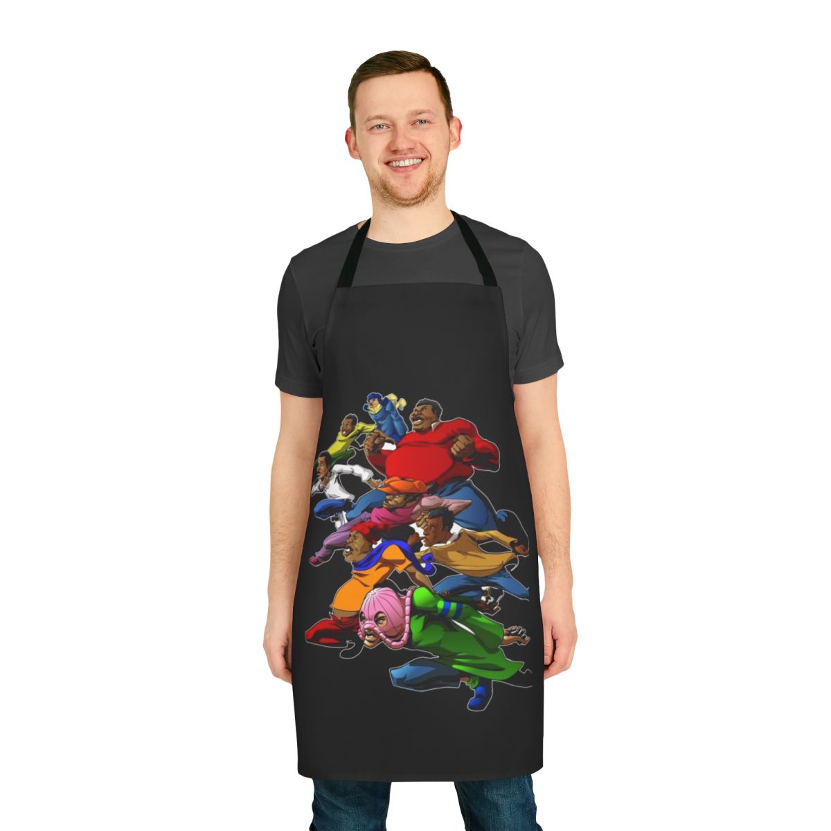 A vibrant apron featuring the iconic characters from the classic 70s cartoon series "Fat Albert and the Gang"