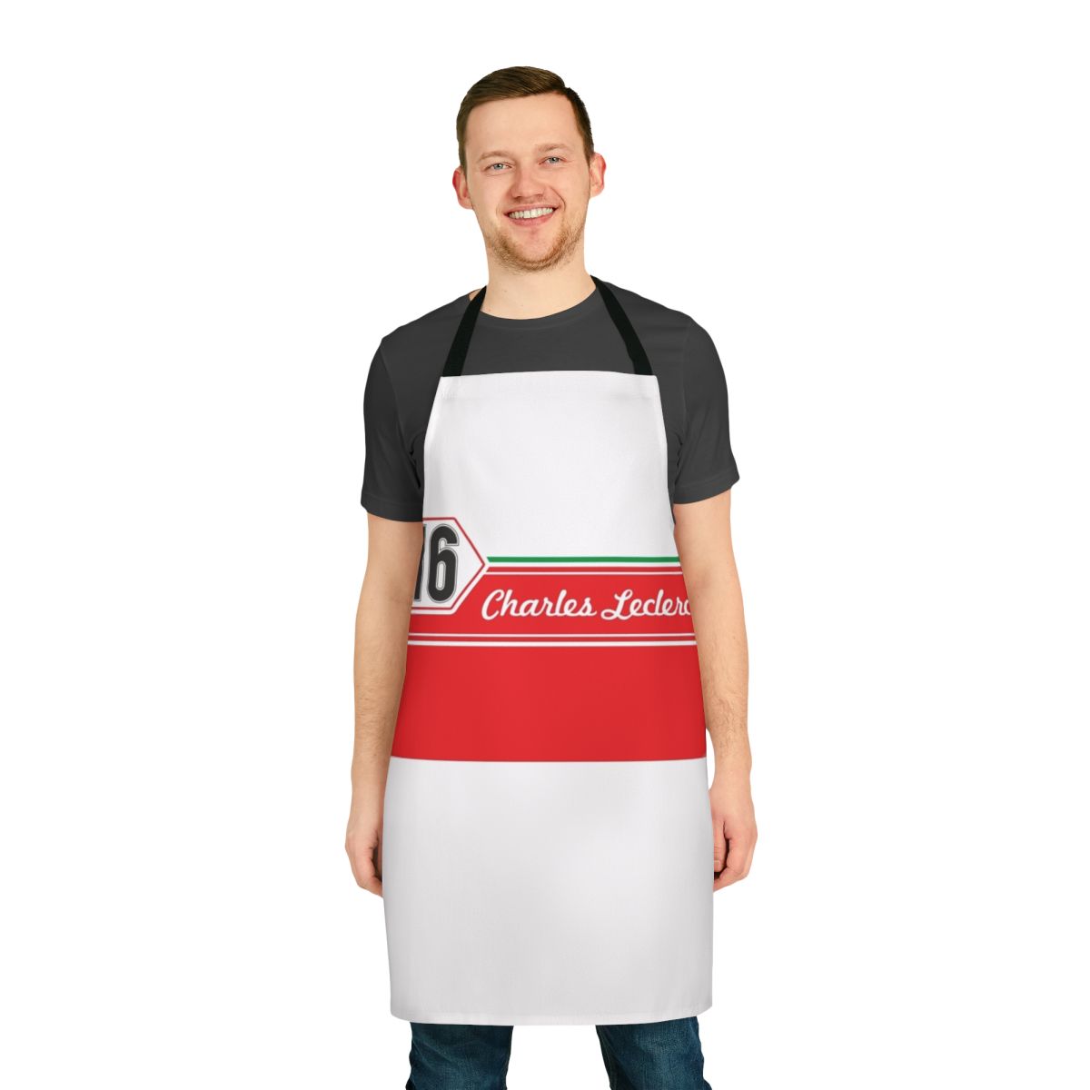 Retro-inspired F1 fan apron featuring Charles Leclerc's iconic number 16