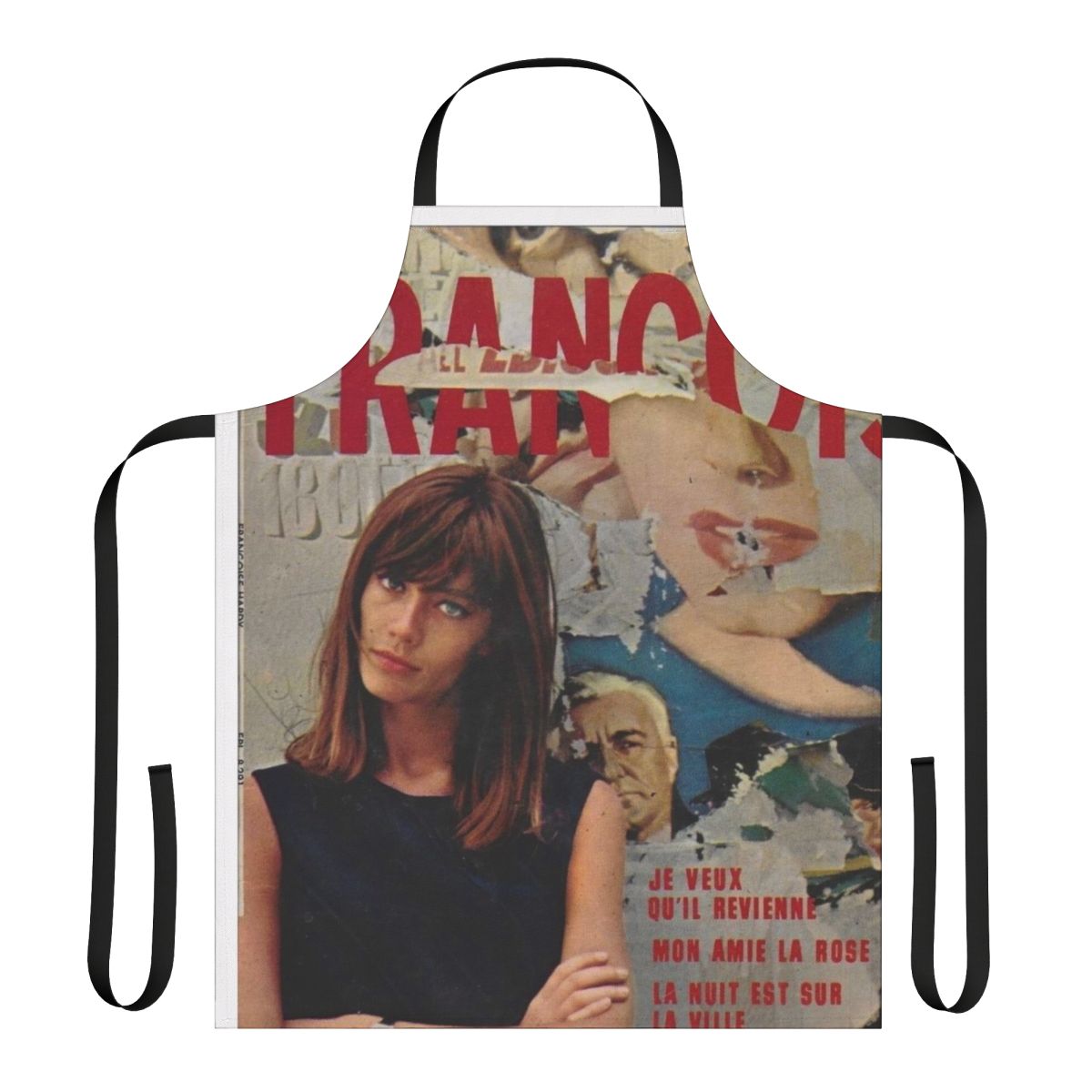 Retro-style black and yellow apron featuring the image of a French girl from the 60s or 70s