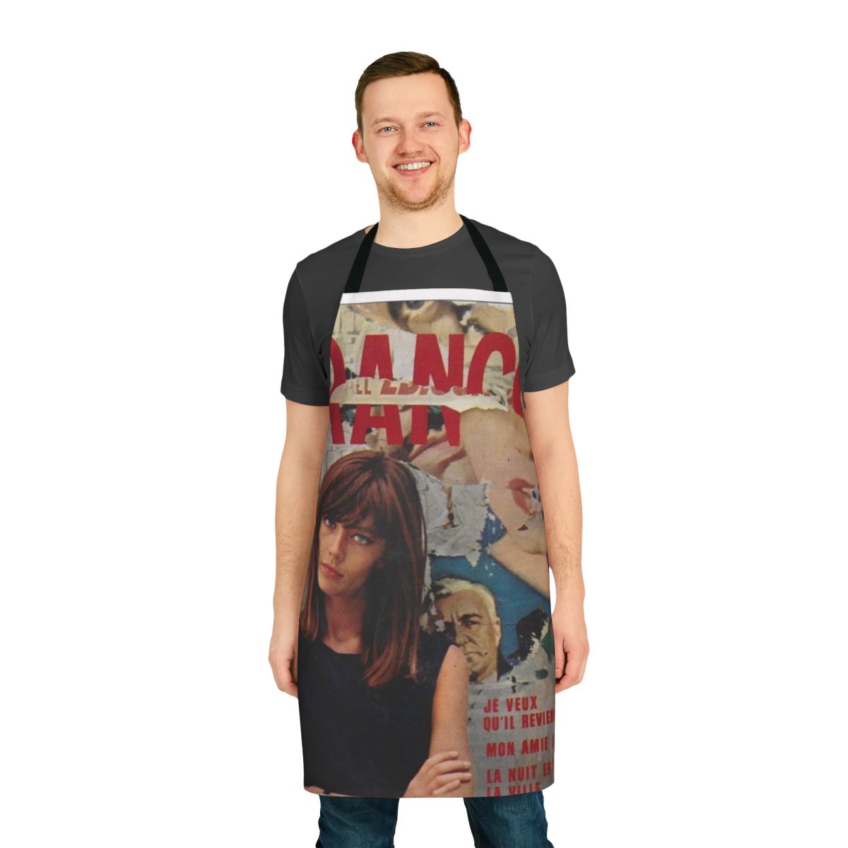 Retro-style black and yellow apron featuring the image of a French girl from the 60s or 70s