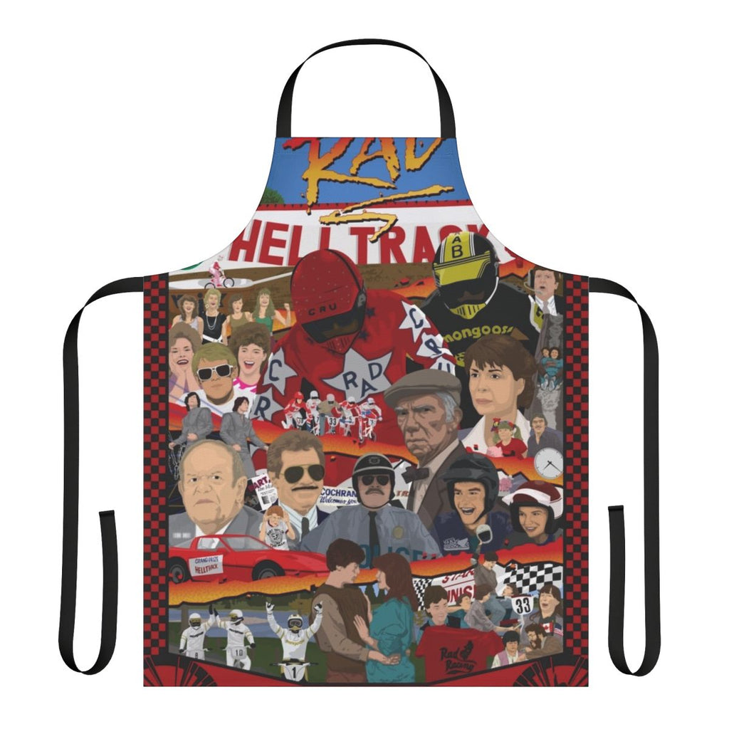 Colorful retro-style apron featuring a BMX racing tribute design
