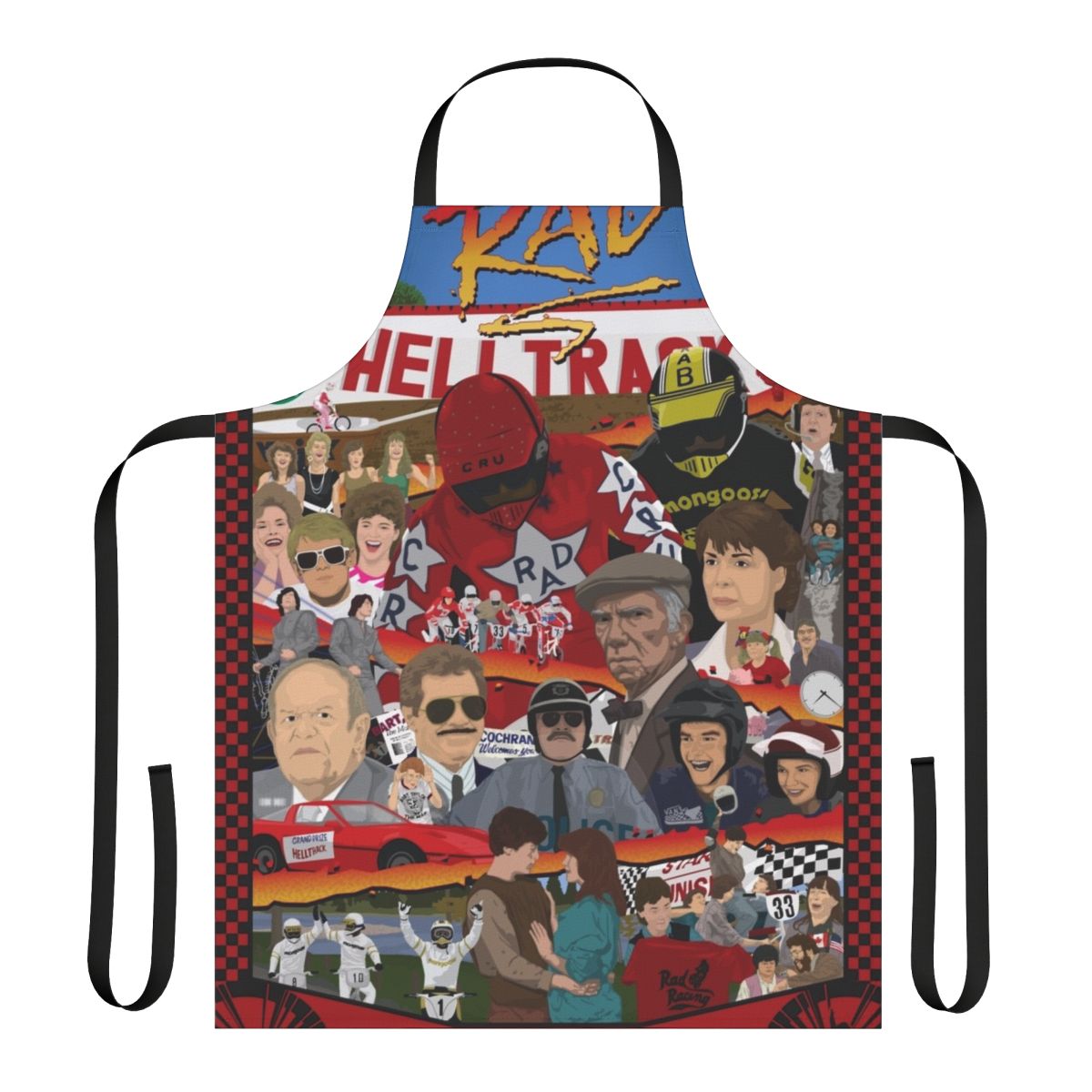 Colorful retro-style apron featuring a BMX racing tribute design