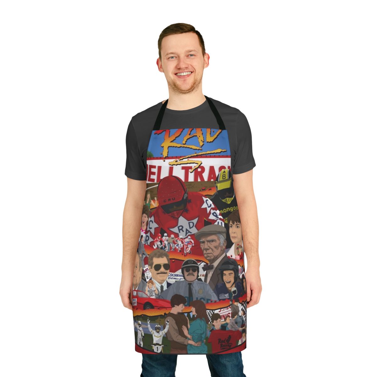 Colorful retro-style apron featuring a BMX racing tribute design