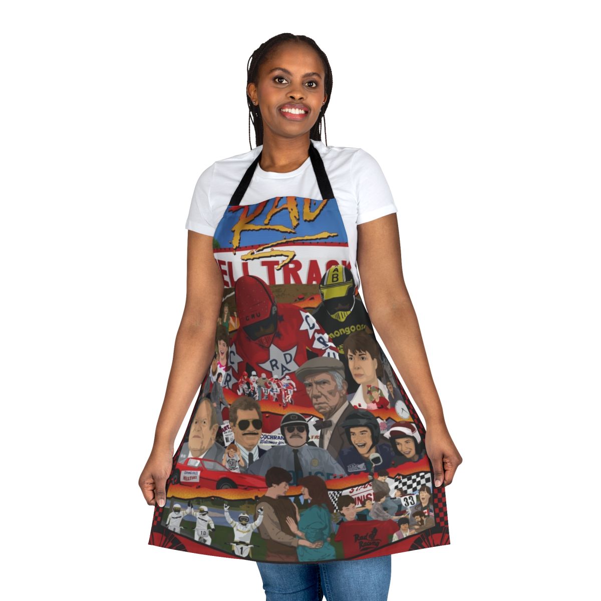 Colorful retro-style apron featuring a BMX racing tribute design