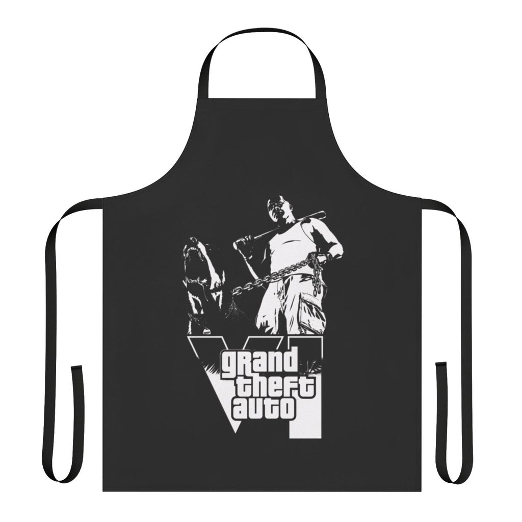 Customizable gaming apron featuring a stylized Grand Theft Auto-inspired design